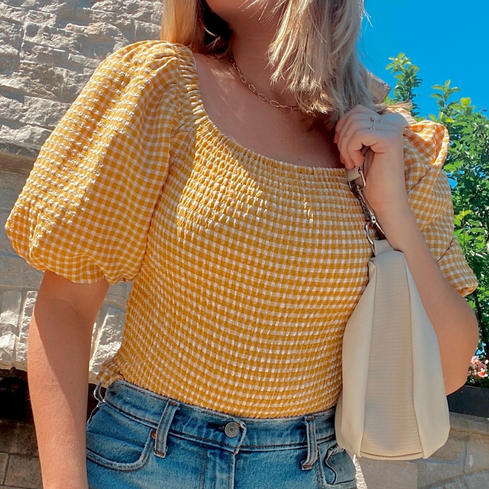 Yellow gingham puff sleeve smocked top